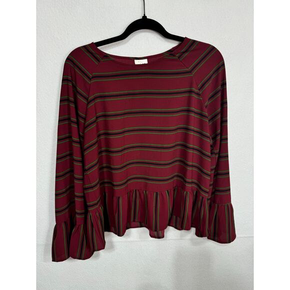 Pink Owl Apparel Red Green Black Striped Ruffle Bell Cuff‎ Blouse Size Medium - Picture 1 of 4
